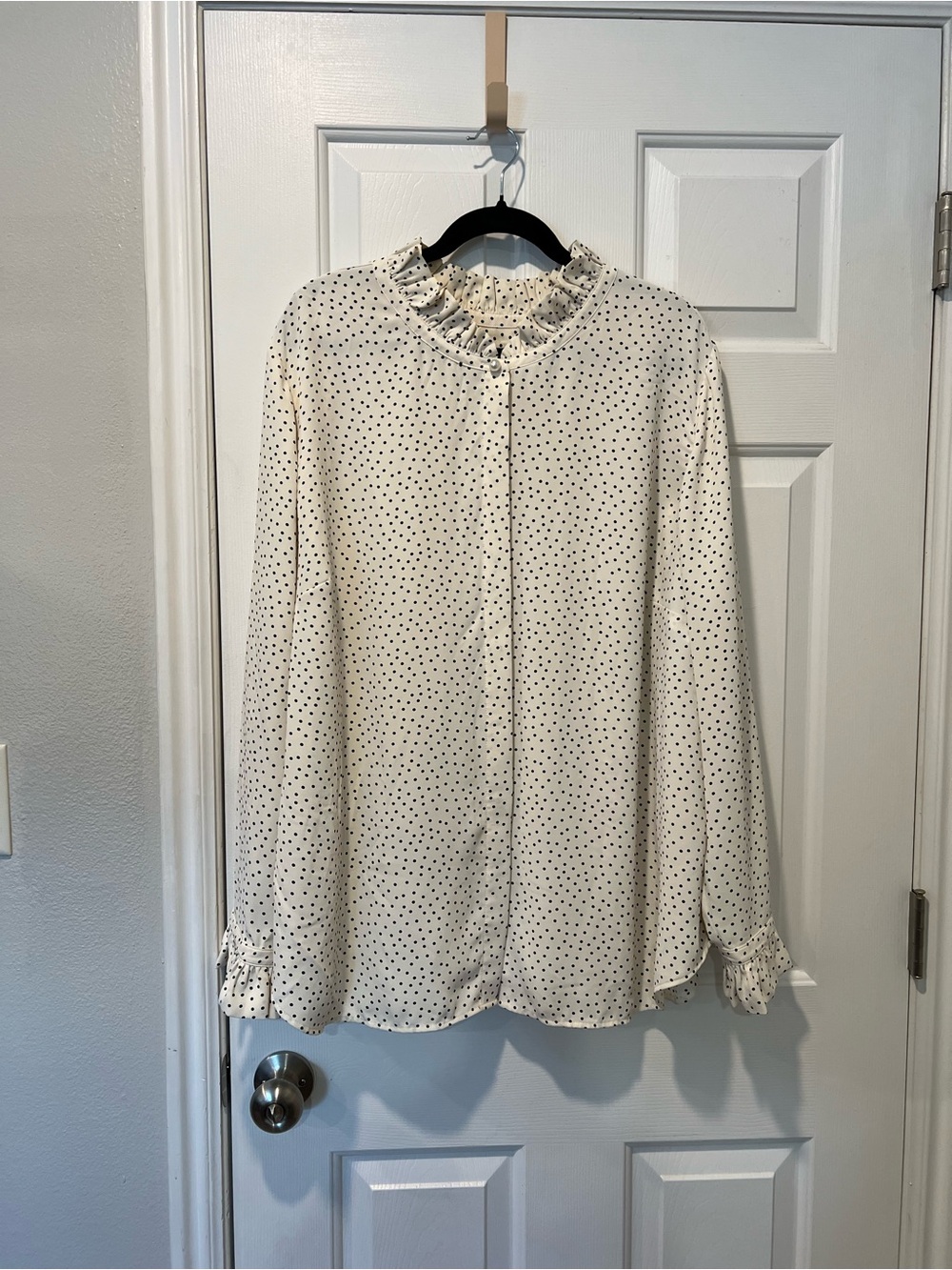 Talbots Ivory Blouse with Black Polka Dots and Ruffle Neck